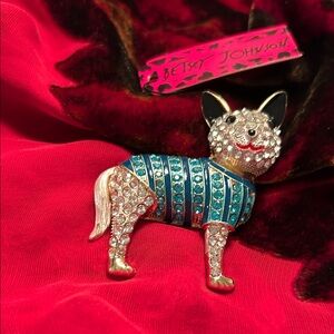 Betsey Johnson Crystal Dog Brooch with Blue Stripes